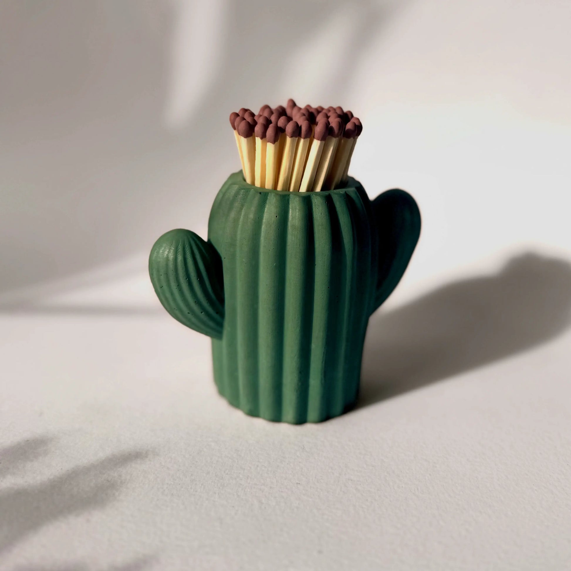 Cactus-shaped matchbox with matches on a light background