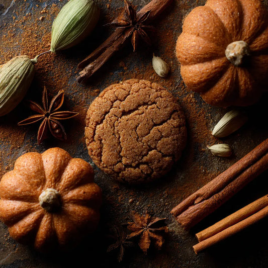 Warm autumn scene with a spiced cookie, cardamom pods, star anise, cloves, cinnamon sticks, and mini pumpkins, reflecting the rich cardamom and clove fragrance of the 'Spiced Hollow' wax melts.
