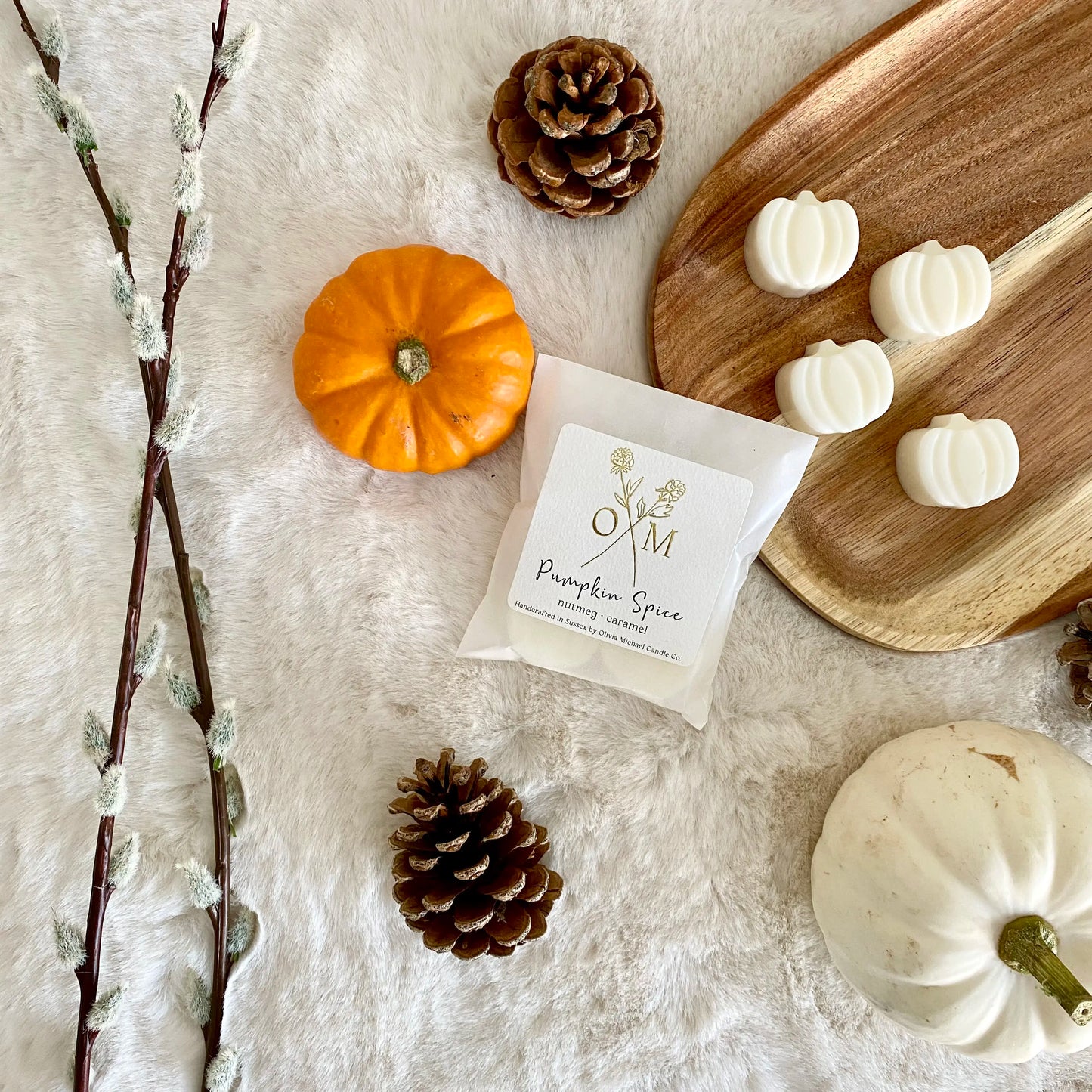Our Autumn Wax Melts are loosely scattered with some pumpkins