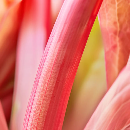 Close-up view of the vibrant pinkish-red stalks of rhubarb, showing the texture and fine details of the plant's veins and surface.