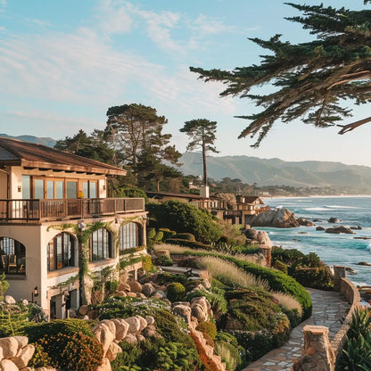 Scenic coastal view featuring luxurious cliffside homes with lush gardens overlooking the ocean, with mountains visible in the distance under a clear blue sky.