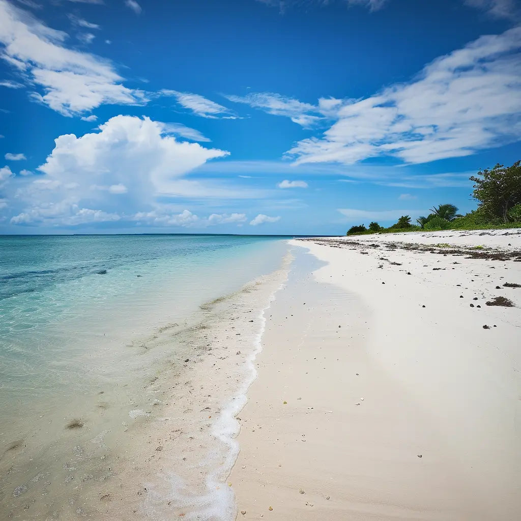 A serene white sandy beach stretching for miles under a bright blue sky with scattered clouds. The clear, turquoise water gently laps the shore, creating a tranquil and inviting scene. The horizon blends seamlessly with the sky, and lush greenery is visible in the distance.