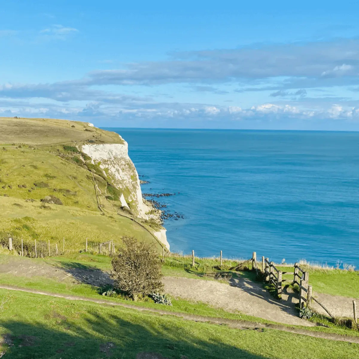 A view over the white cliffs of Beachy Head on a clear day, with the deep blue sea below.