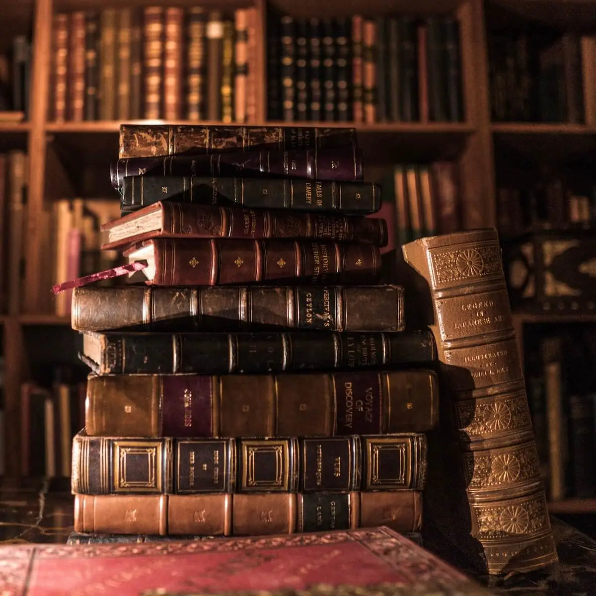 A stack of old library books.